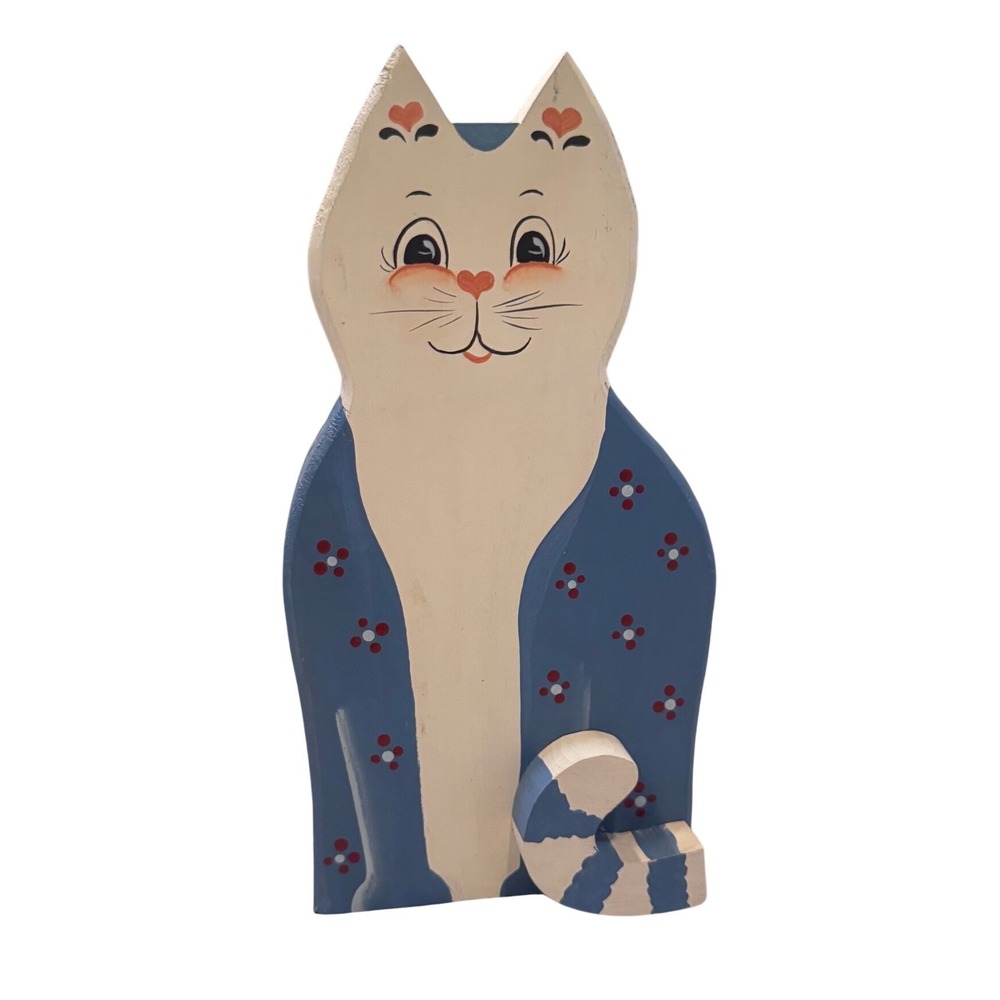Svendsen Hand Painted Wooden Cat Figurine Folk‎ Art Blue White Hearts 10in VTG